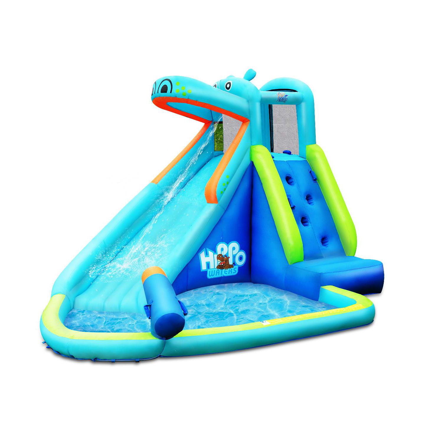 Детская игрушка Costway Inflatable Kids Hippo Bounce House Slide Climbing Wall Splash Pool w/, цвет: Синий — фото 3