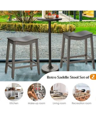 Set of 2 Saddle Bar Stools Counter Height Kitchen Chairs w/ Rubber Wood Legs