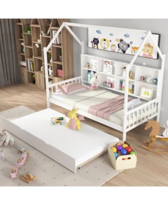 Twin Size Kids Montessori Daybed with Roof Design and Built-in Shelf Compartments