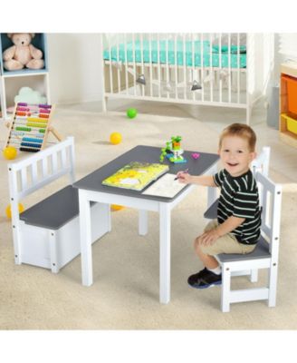 4 Pieces Kids Wooden Activity Table and Chairs Set with Storage Bench and Study Desk