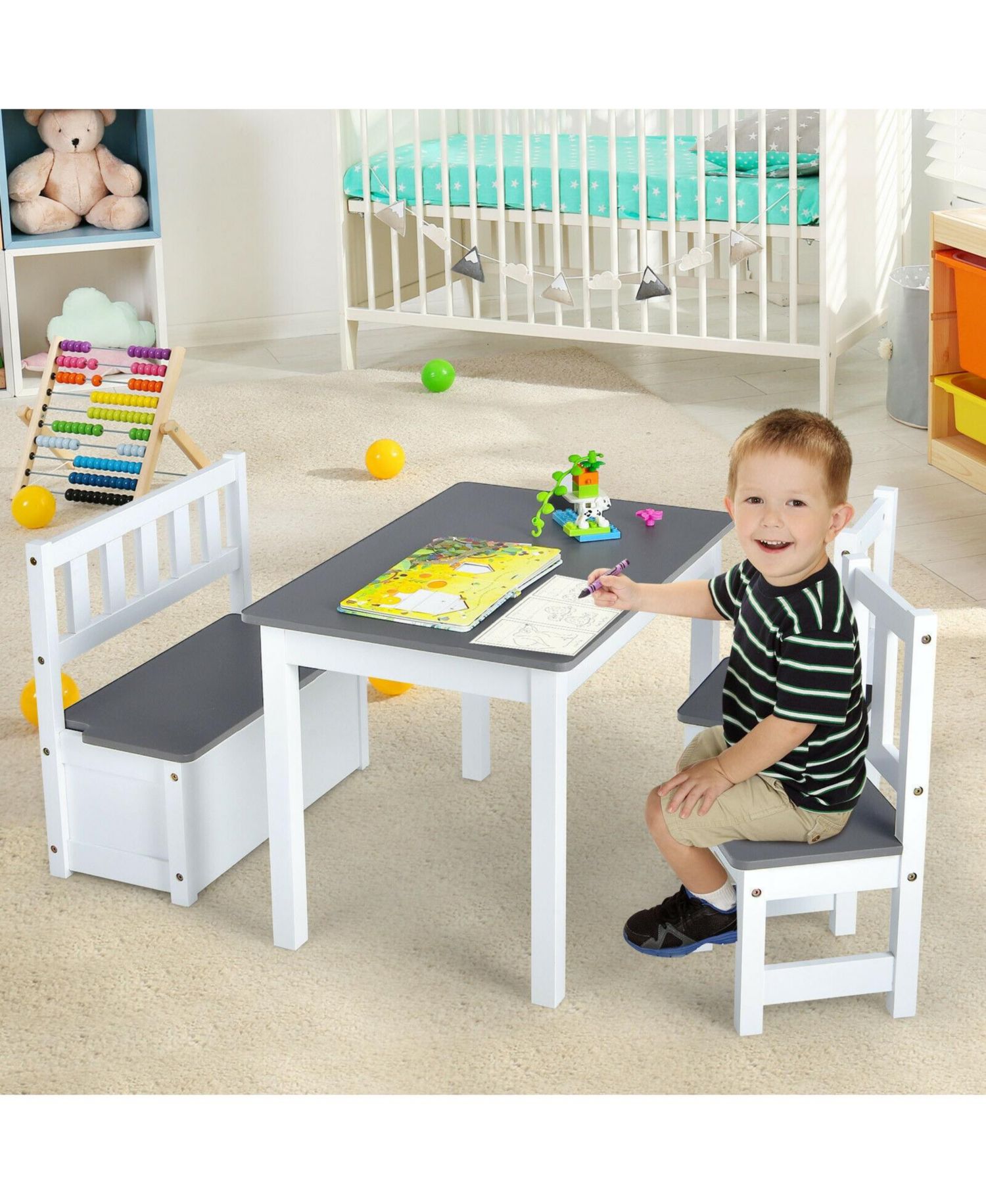 4 Pieces Kids Wooden Activity Table and Chairs Set with Storage Bench and Study Desk