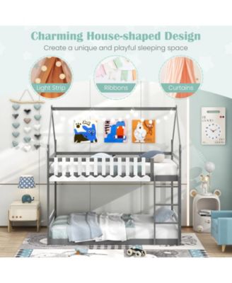 Twin Over Twin Bunk Bed with Fence and Ladder for Kids