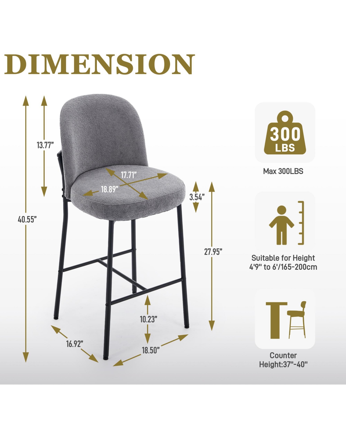 Dyhome Bar Stools Set of 2, 28 Inches Modern Counter Height with High Back Metal Legs, Upholstered Tall Barstools for Kitchen Island, Cafe,