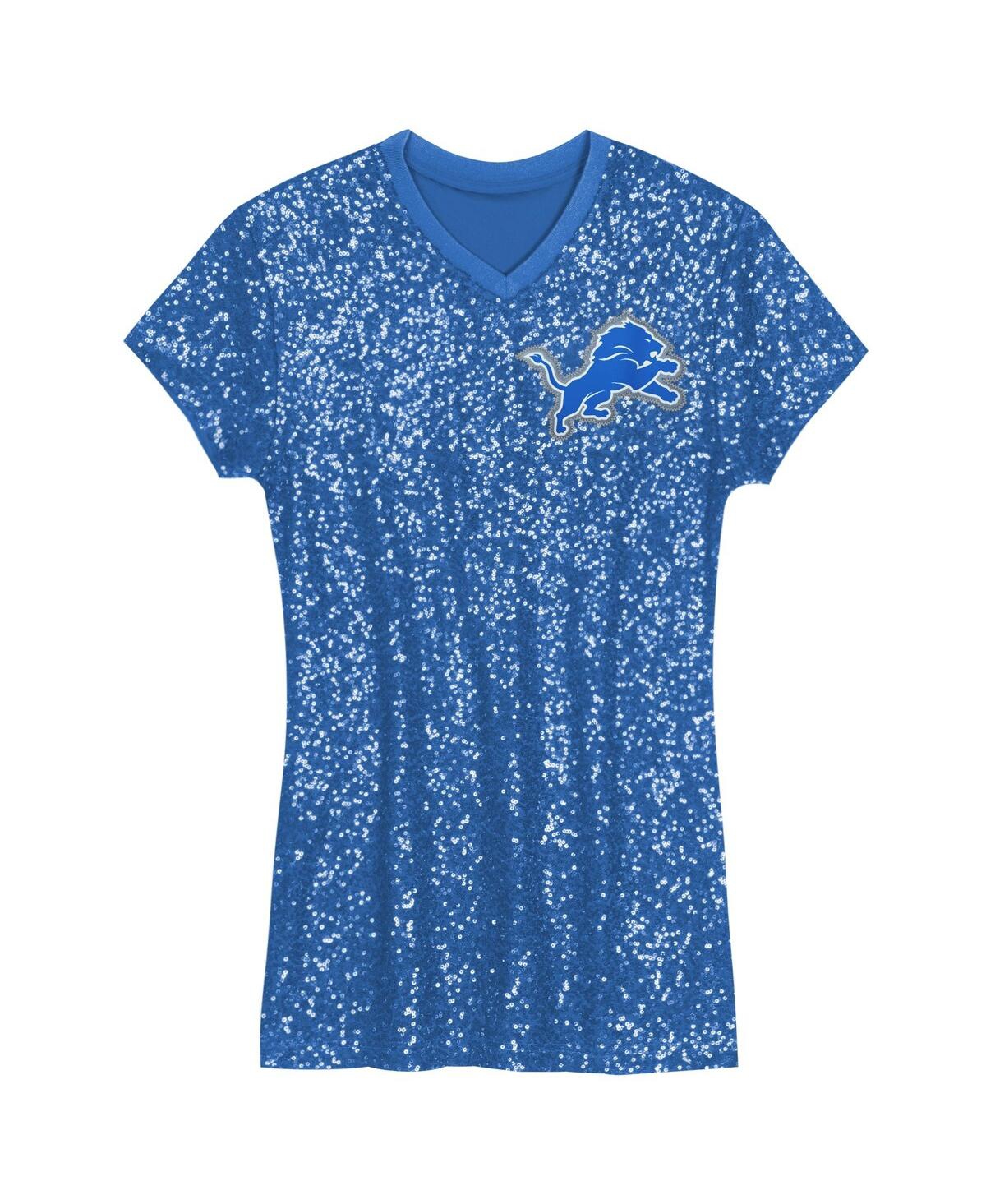 Outerstuff Big Girls Aidan Hutchinson Blue Detroit Lions Sequin Player Name Number V-neck Dress In Blue