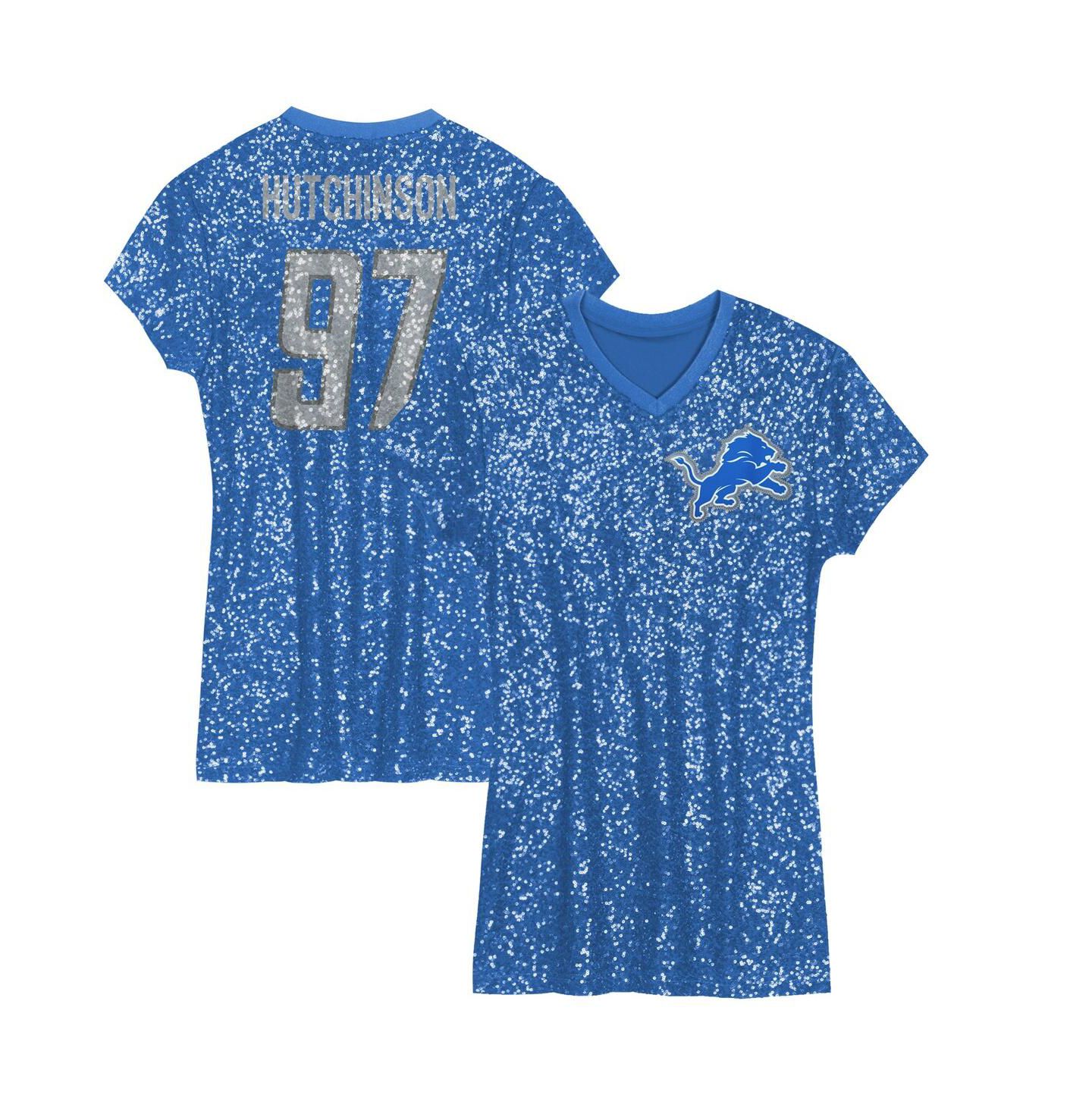 Платье Outerstuff Aidan Hutchinson Blue Detroit Lions Sequin Player Name & Number V-Neck Dress для девочек — фото 1
