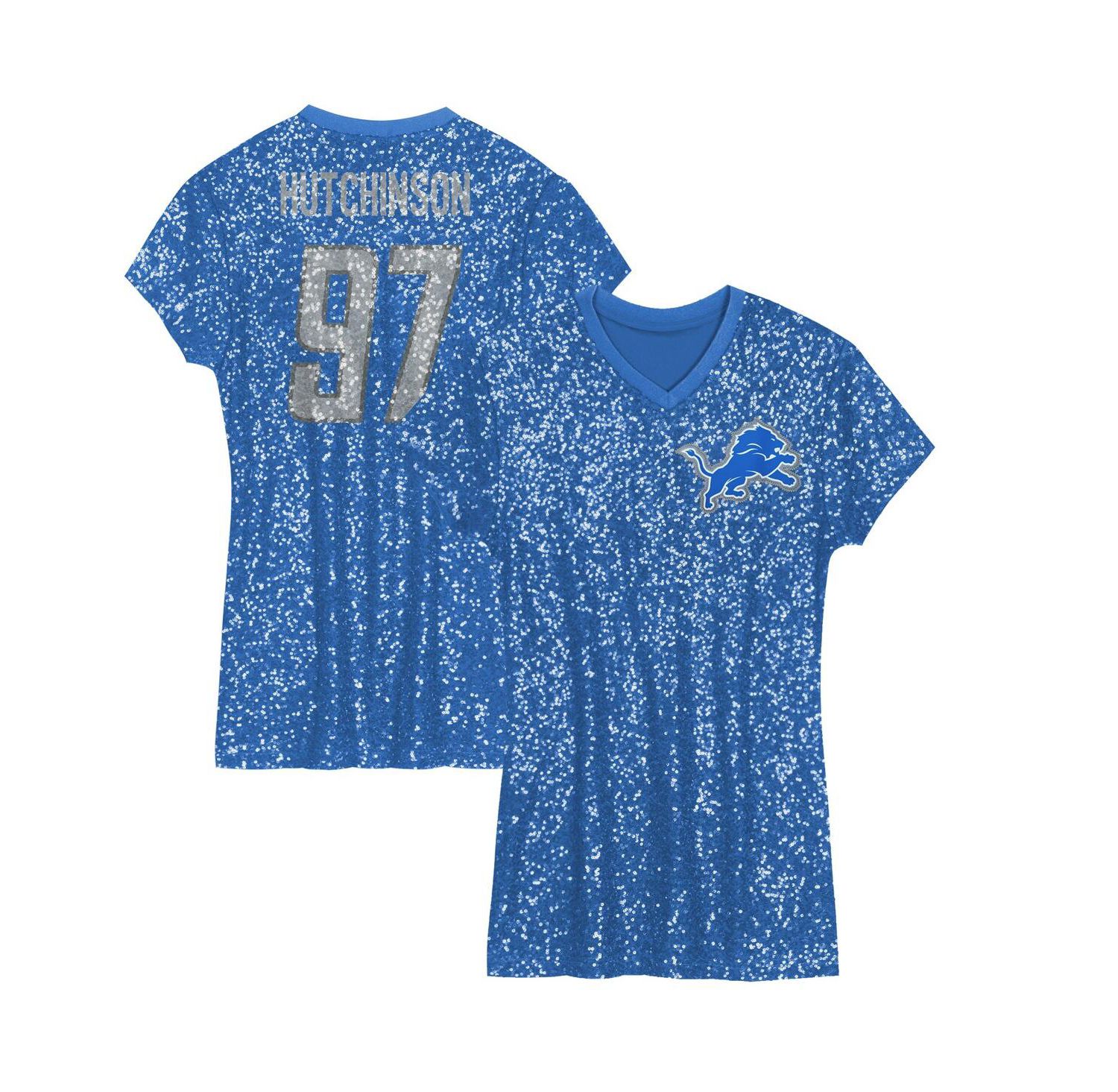 Big Girls Aidan Hutchinson Blue Detroit Lions Sequin Player Name & Number V-Neck Dress