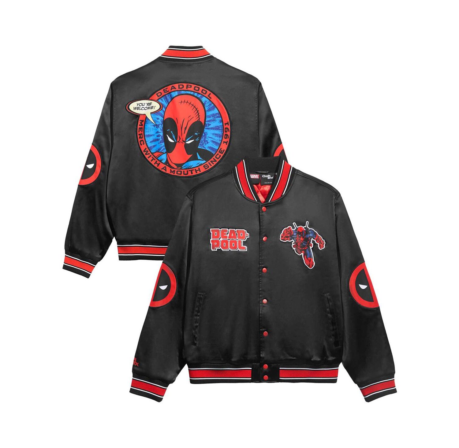Men's Black/Red Deadpool Fanimation Satin Full-Snap Jacket