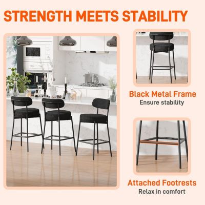 Bar Stools Set of 3, 24 Inches Modern Counter Height Bar Stools with Curved Back Metal Legs, Upholstered Tall Barstools
