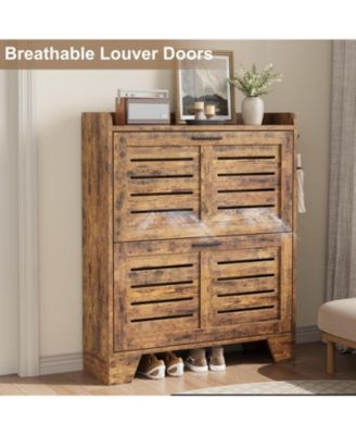 Shoe Storage Cabinet with 2 Flip Drawers, Narrow Shoe Cabinet for Entryway, Freestanding Hidden Slim Shoe Organizer Cabinet with Hooks for Foyer, Hallway, Garage