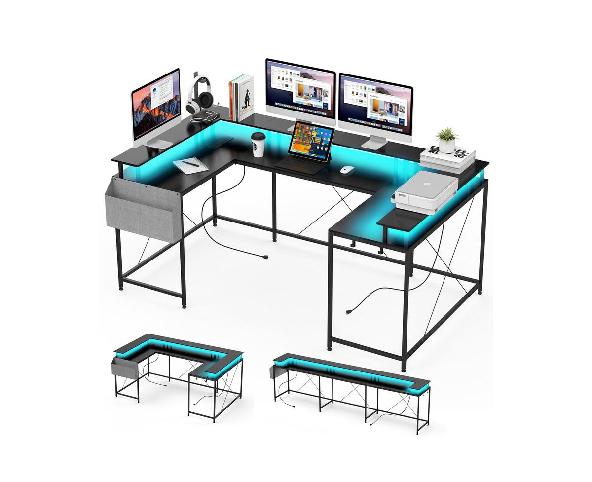 gaomon U Shaped Computer Gaming Desk with Power Outlets & Usb Ports, Led Strip and Monitor Stand, Reversible L Shaped Desk with Storage Shelves for Ho