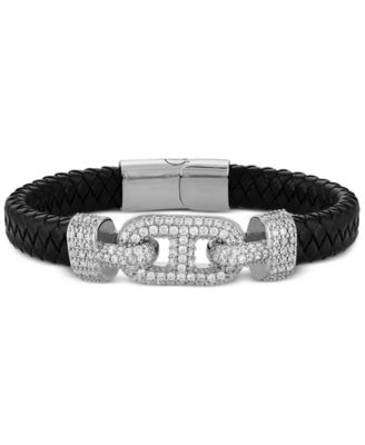 Esquire Men's Jewelry - Cubic Zirconia & Braided Black Leather Bracelet in Sterling Silver