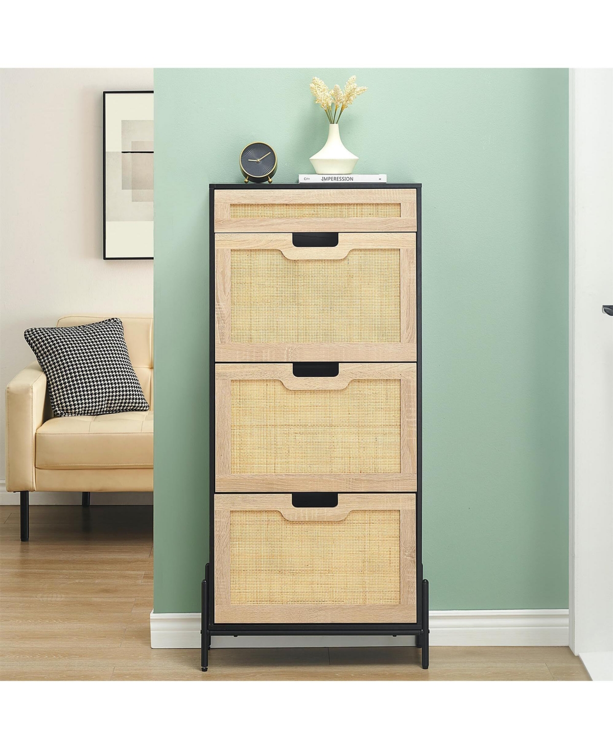 Rattan Shoe Storage Cabinet - Shoe Organizer Rack 3 Flip Doors and 1 Drawer Shoe Storage Organizer with Adjustable Shelves Shoe Cabinet for Ent