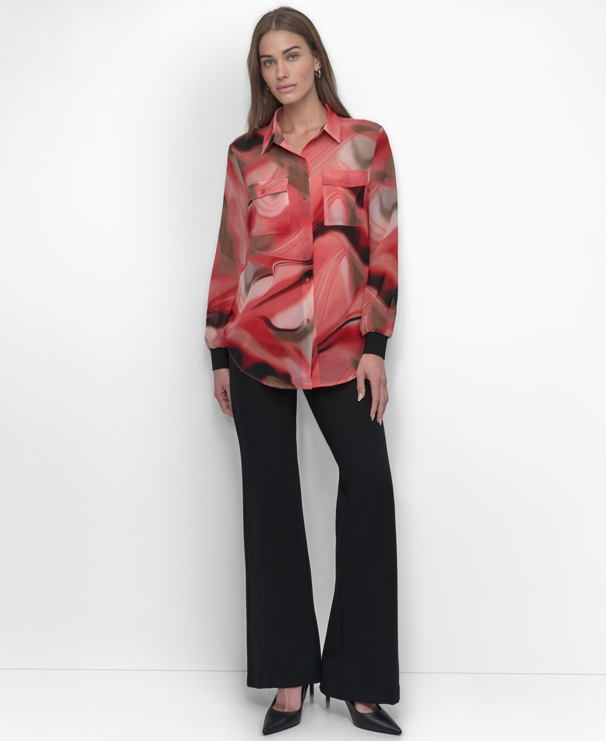 Dkny Women's Button-front Printed Chiffon Blouse In Brushd Marblews