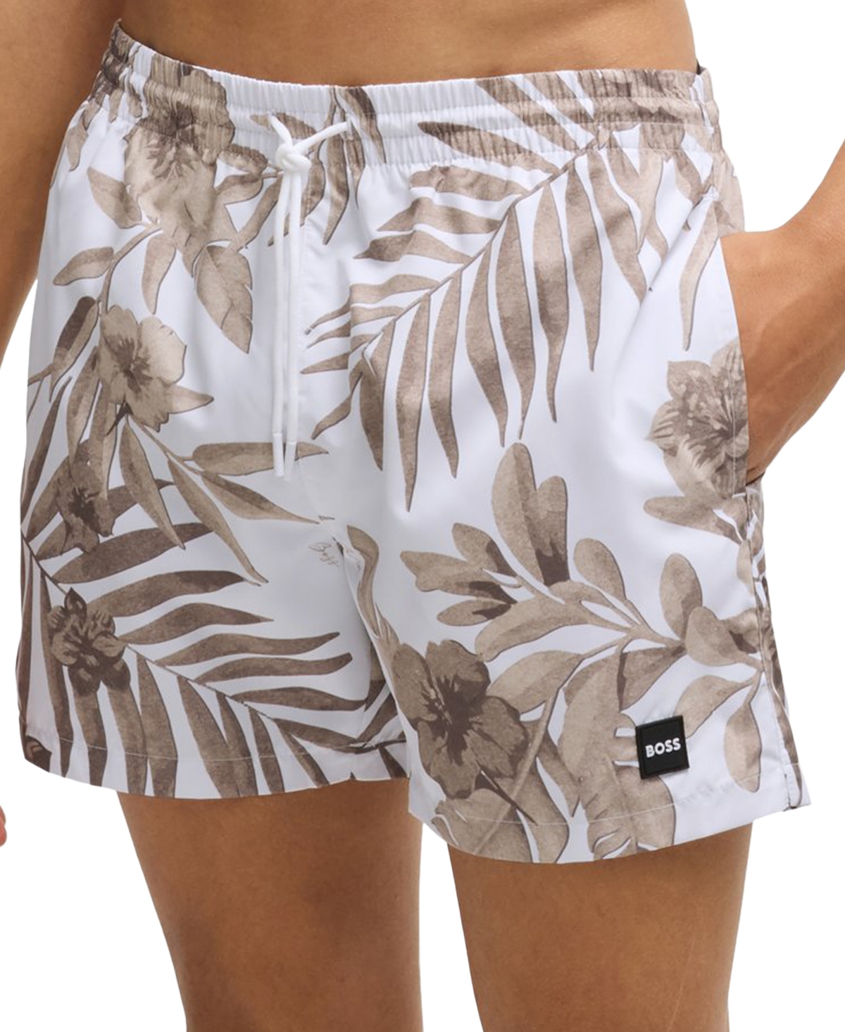 Hugo Boss Fully Lined Swim Shorts With Seasonal Print In Natural