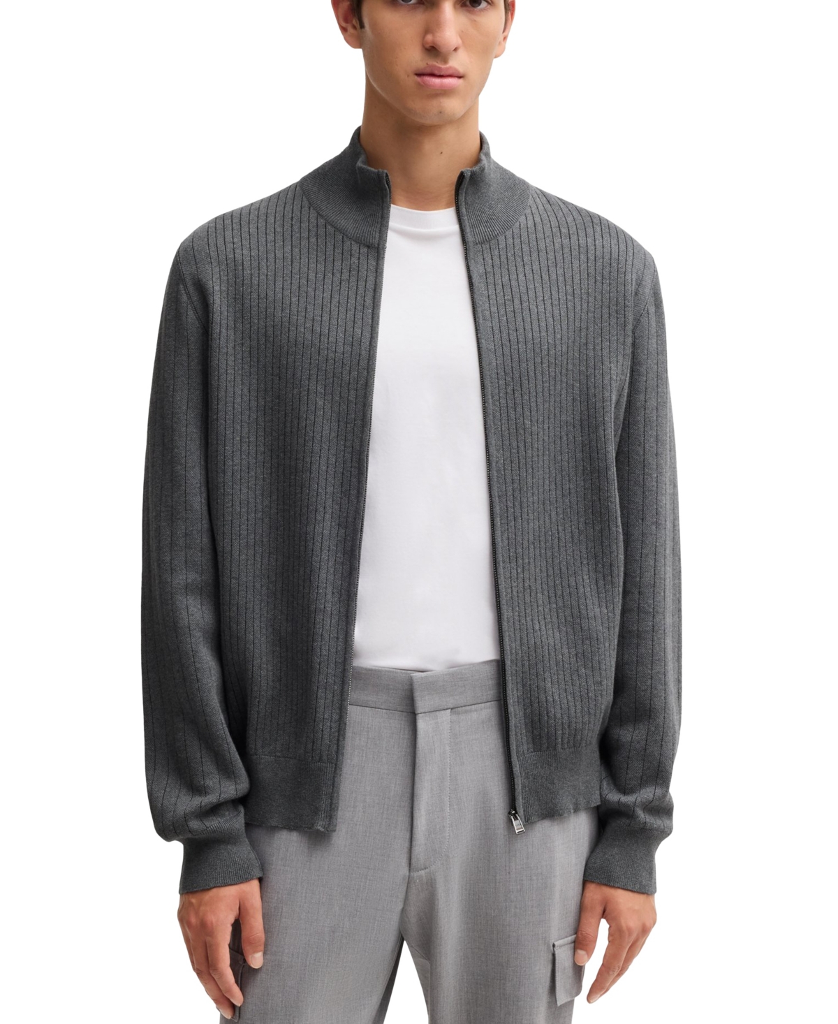 Shop Hugo Boss Boss By  Men's Knit Pinstripe Zip-up Cardigan In Open Gray