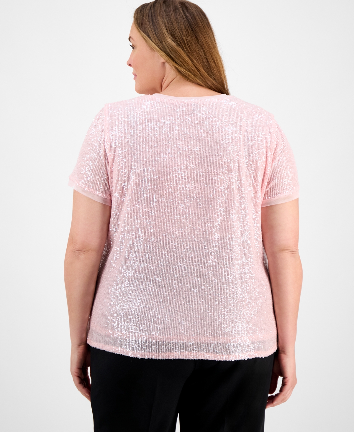 ANNE KLEIN PLUS SIZE SEQUIN-EMBELLISHED SHORT-SLEEVE TOP 