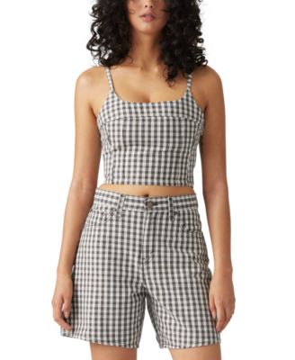 LEVI'S LEVIS PREMIUM WOMENS JADINE DENIM TANK HIGH RISE CHECK PRINT BAGGY SHORTS 