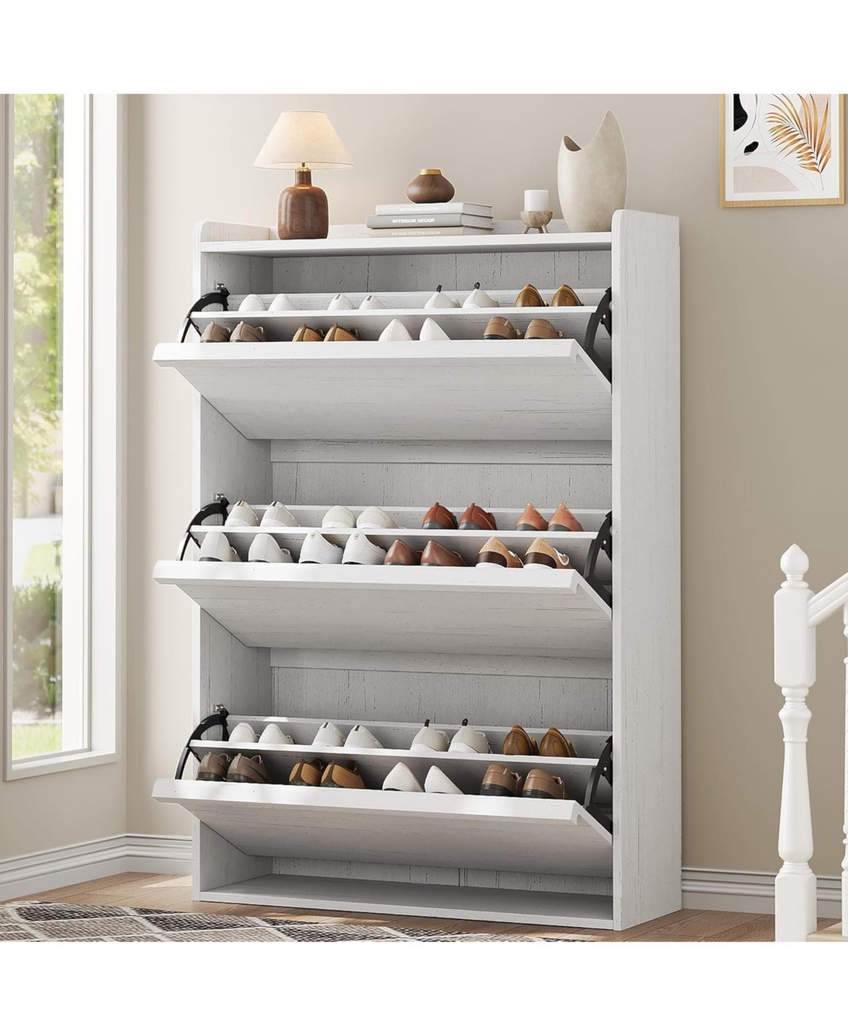 Shoe Cabinet with 3 Flip Drawers, Modern Shoe Rack Storage Organizer - White