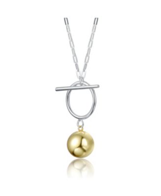 Sterling Silver Two-Tone with White Gold Plated Chain and 14K Gold Plated Sphere Pendant Modern Toggle Necklace
