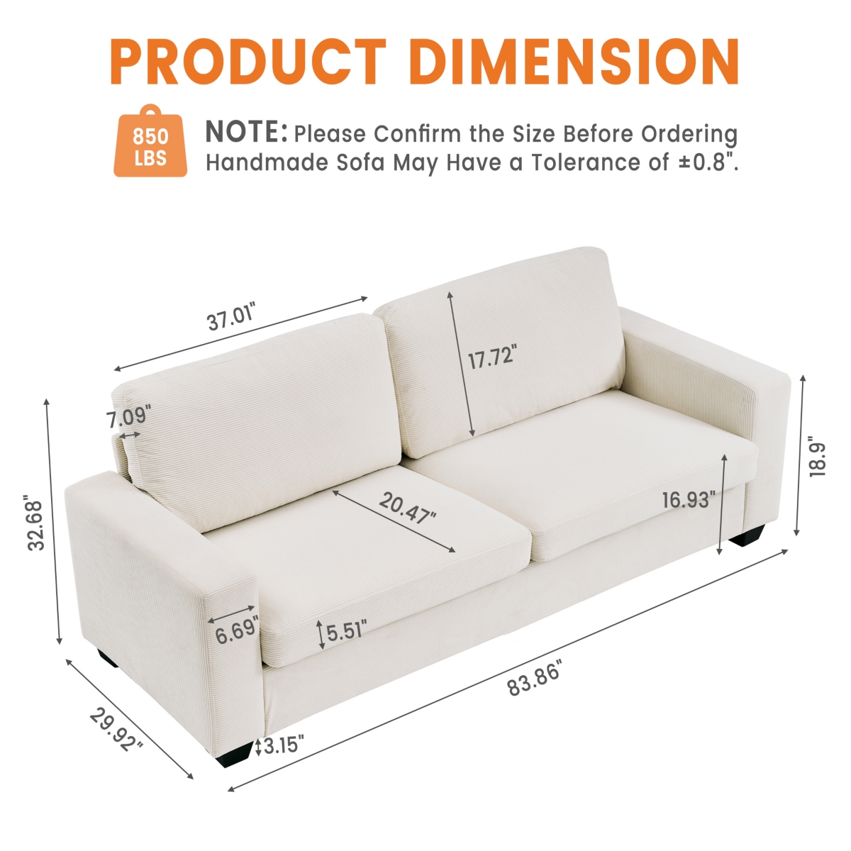 Comfy Couch for Living Room, 83-inch Corduroy Sofa with Removable Cover, 3 Seater Couch Modern Sofa with Deep Seats for Bedroom Apartment Home Office,