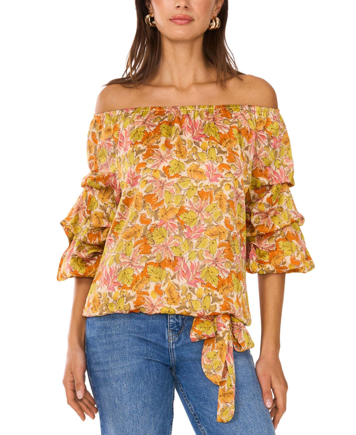 Shop Vince Camuto Women's Printed Off-the-shoulder Bubble 3/4-sleeve Tie-front Blouse In Crushed Orange