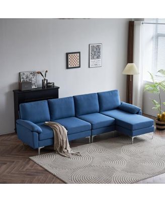 L-Shaped Glossy 4-Seater Indoor Modular Sofa with Iron Legs for Stylish Living Room Seating
