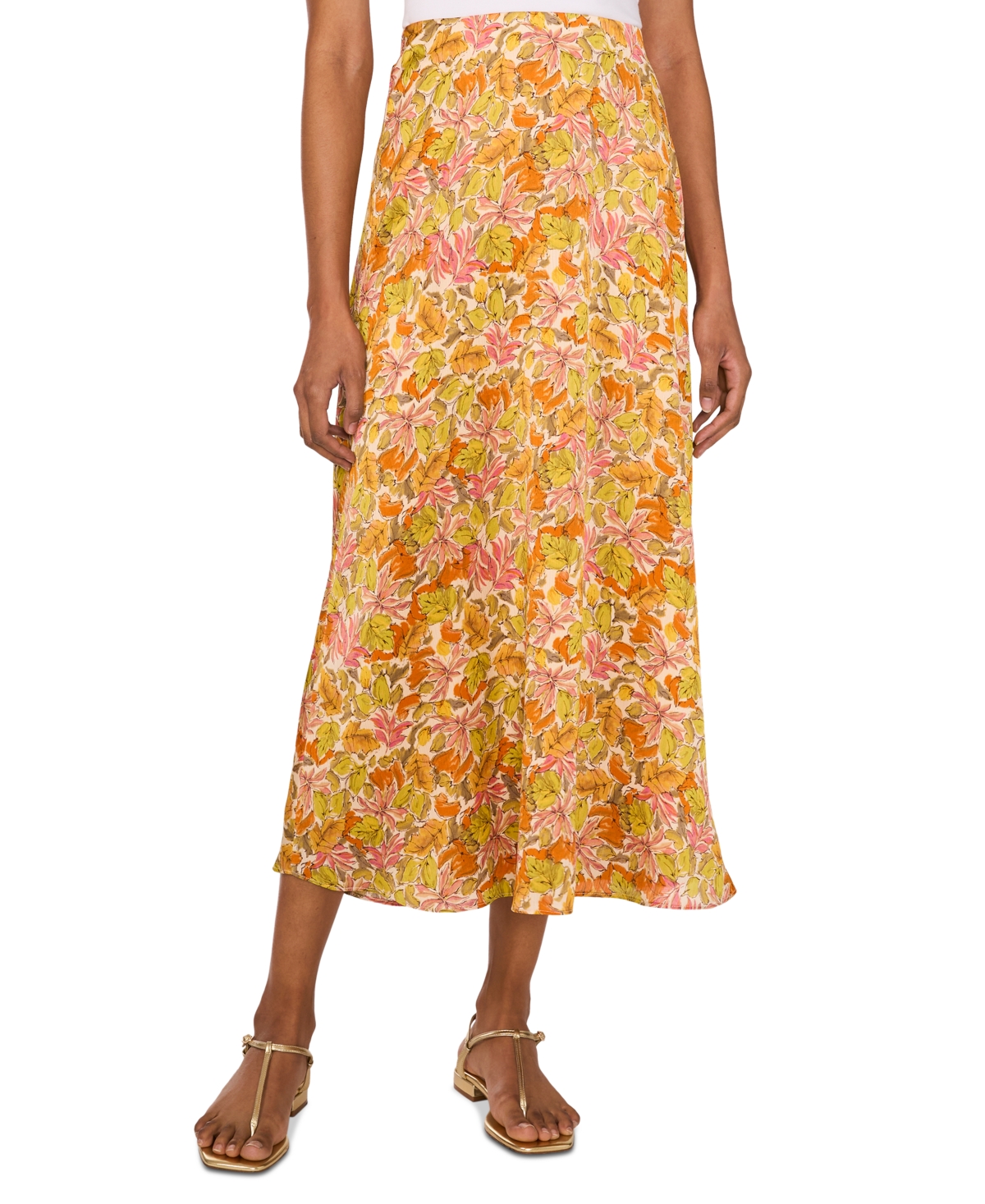 Women's Floral-Printed Satin Midi Skirt - Crushed Orange