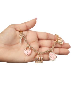 Gold-Tone Charm Necklace with Pink Enamel Accents and Crystal Details