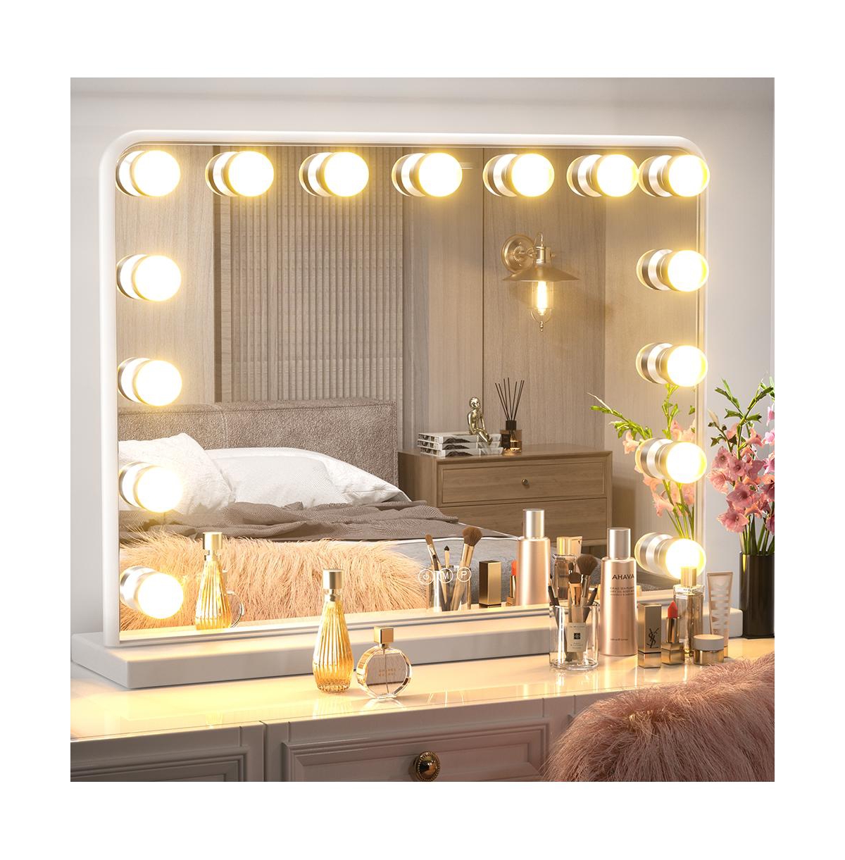 Hollywood 23x17 Inch Frame Makeup Mirror with 3 Color Lights & Memory Function - White