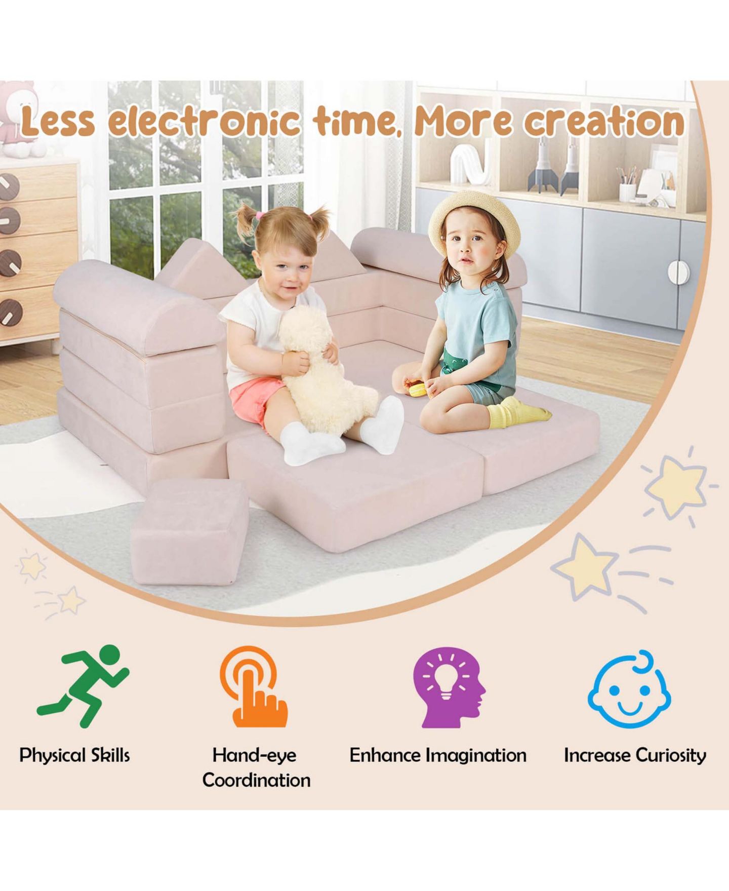 Детский конструктор Costway Kids Modular Play Couch 9-Piece Building Set, Ages 3+, цвет: Бежевый — фото 3