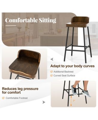 24.5''Bar Stool Set of 2 Armless Bar Chair w/ Backrest Footrest & Metal Frame Cafe