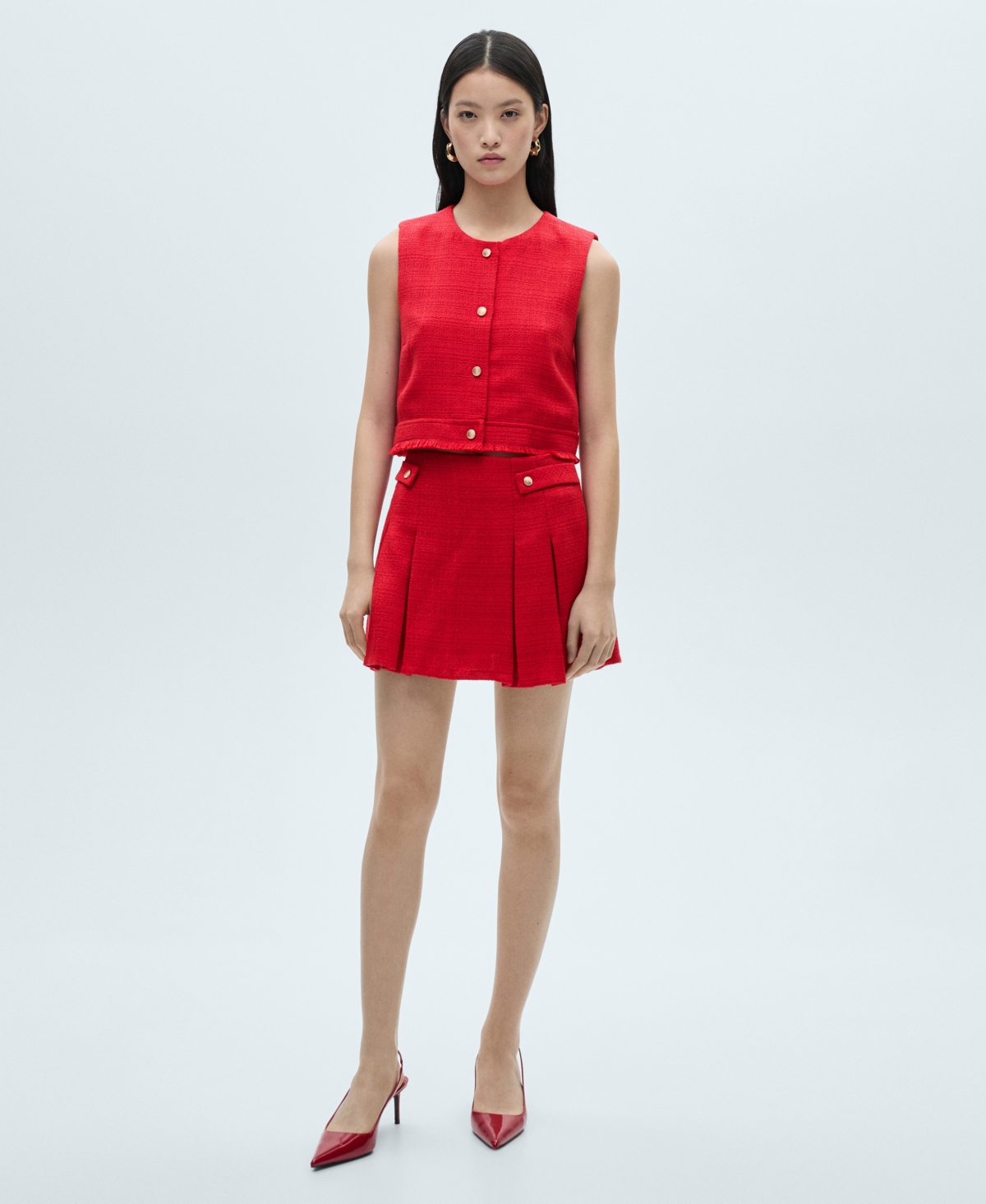 Women's Tweed Pleated Skirt - Red