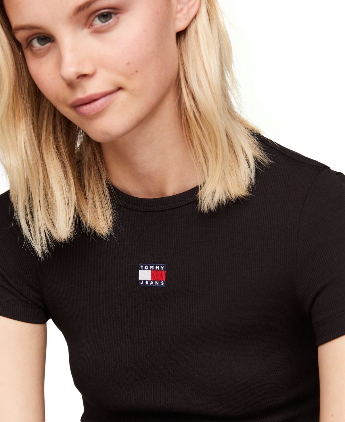 Shop Tommy Jeans Women's Badge Logo Ribbed T-shirt In Black