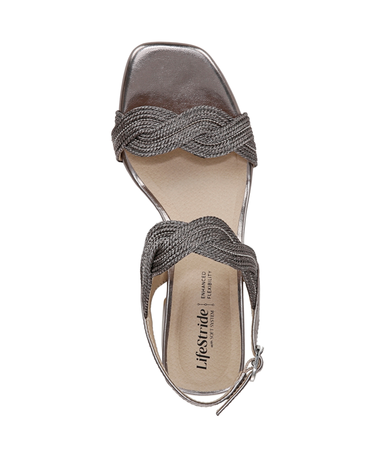 Lifestride Women's Charnelle Angled Block Heel Square Open Toe Slingback Dress Sandals In Pewter Grey Faux Leather