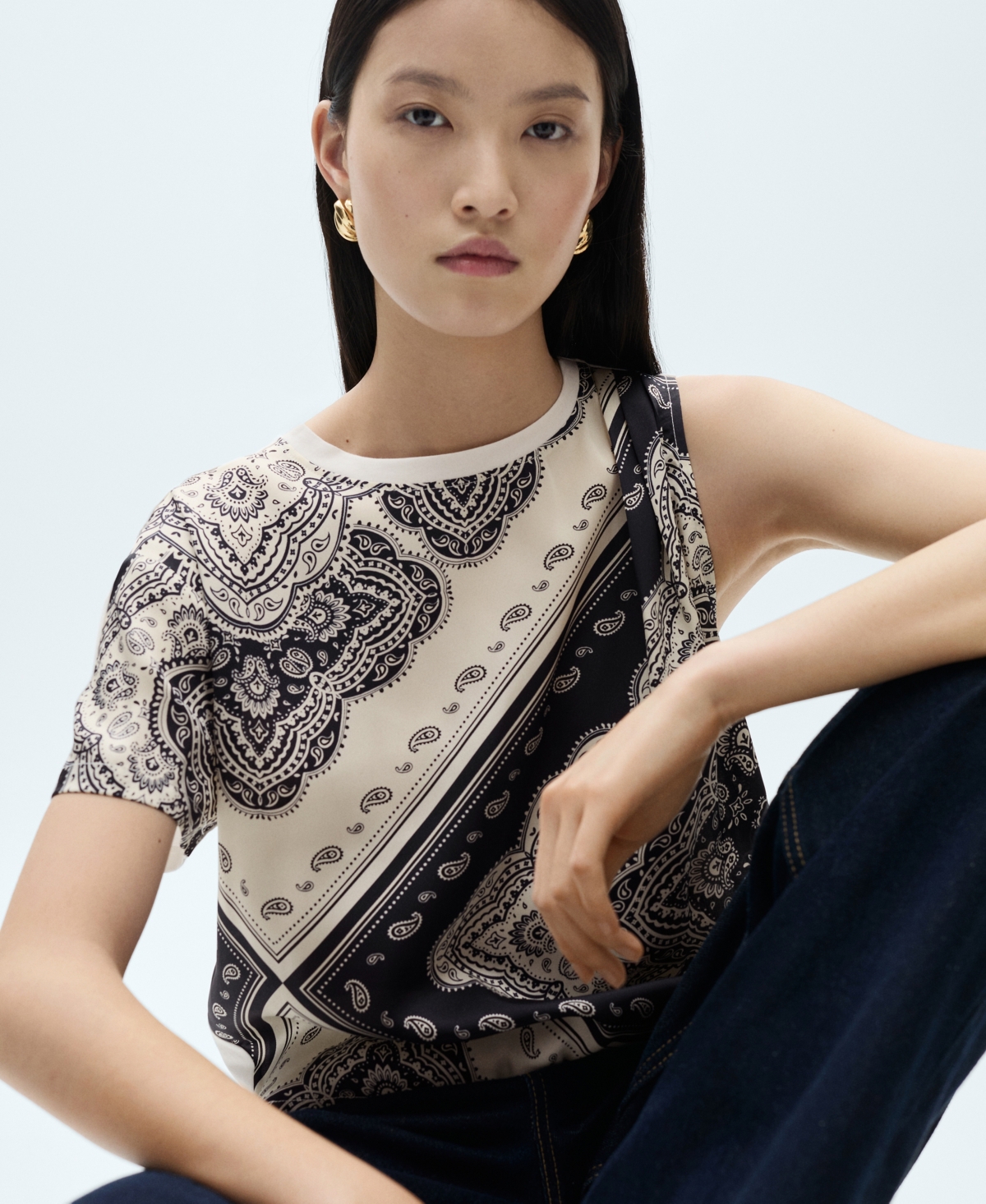 Mango Women's Asymmetrical Paisley Print T-Shirt