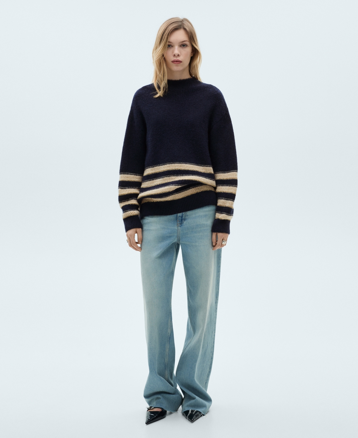 Mango Perkins-neck Striped Sweater Dark Navy In Dark Navy