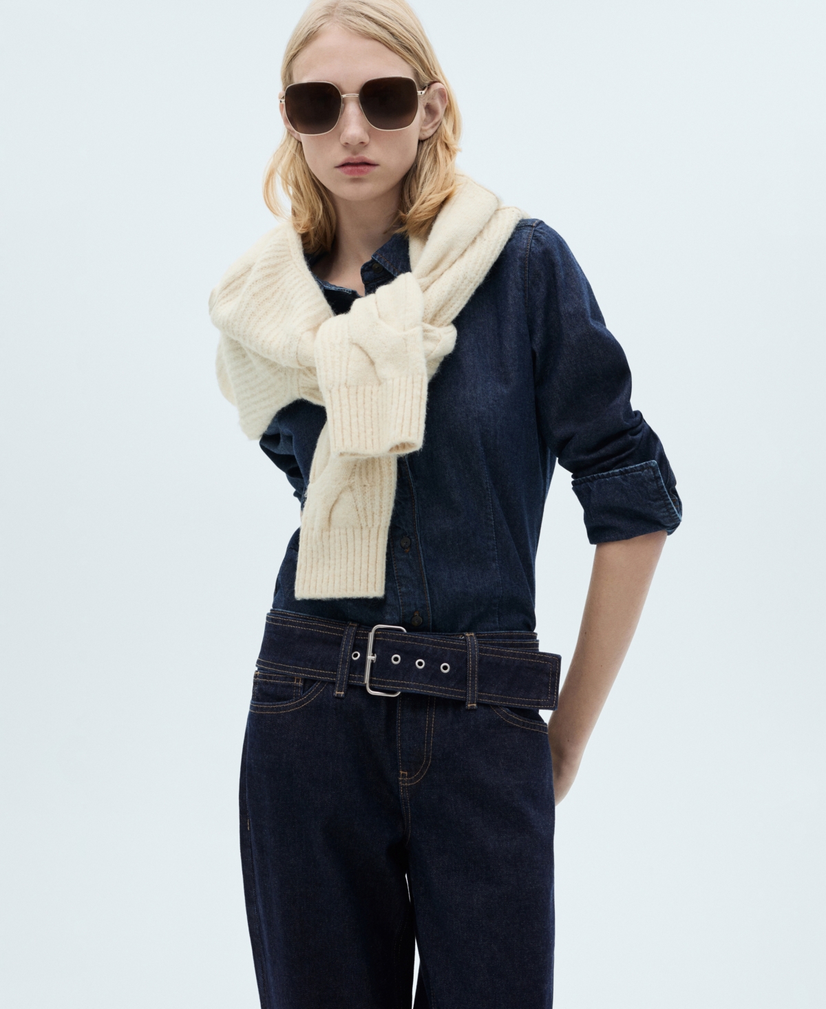 Shop Mango Women's Belted Low-rise Straight Jeans In Open Blue