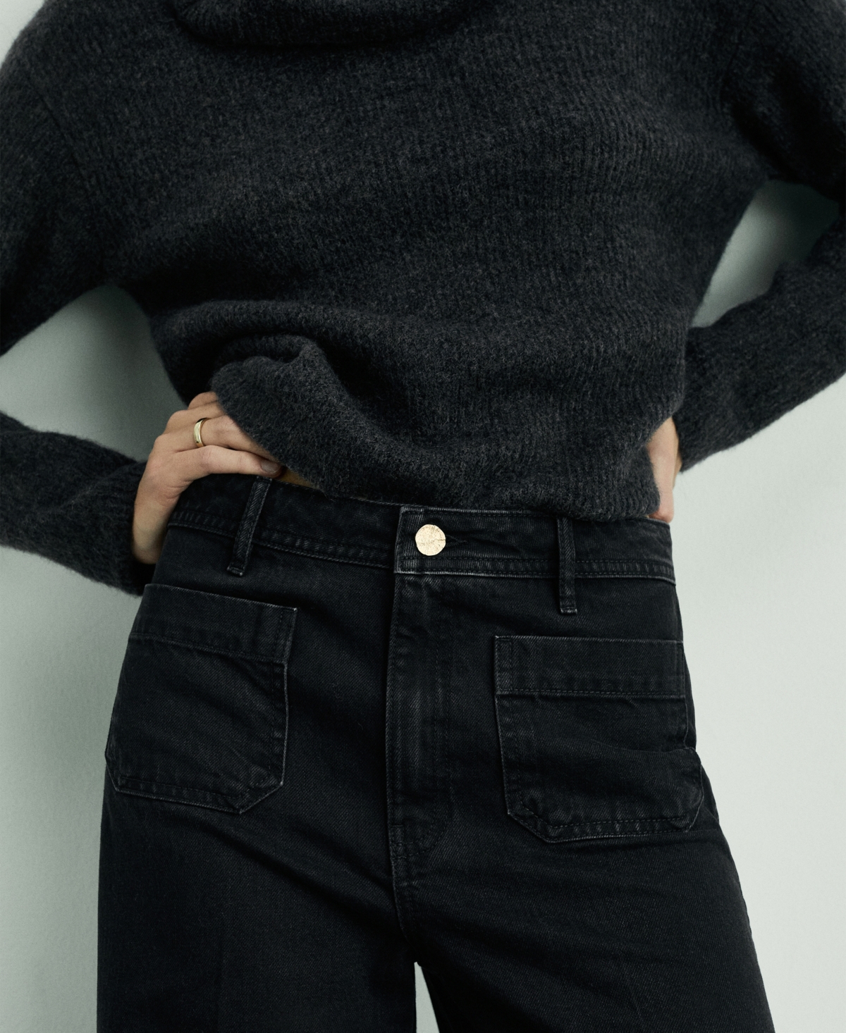 Shop Mango Women's Pockets Detail Wide Leg Jeans In Black Denim