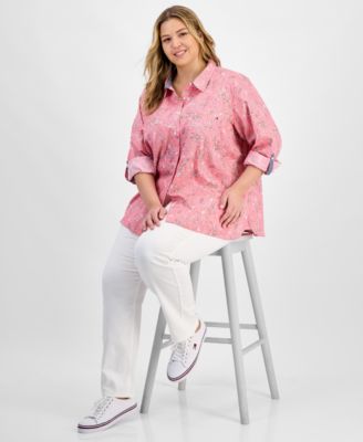 Plus Size Cotton Paisley-Print Utility Shirt