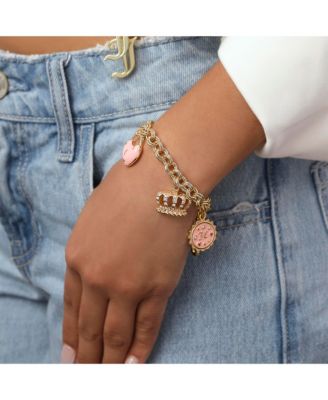 Gold-Tone Pink Charm Bracelet with Pave Accents