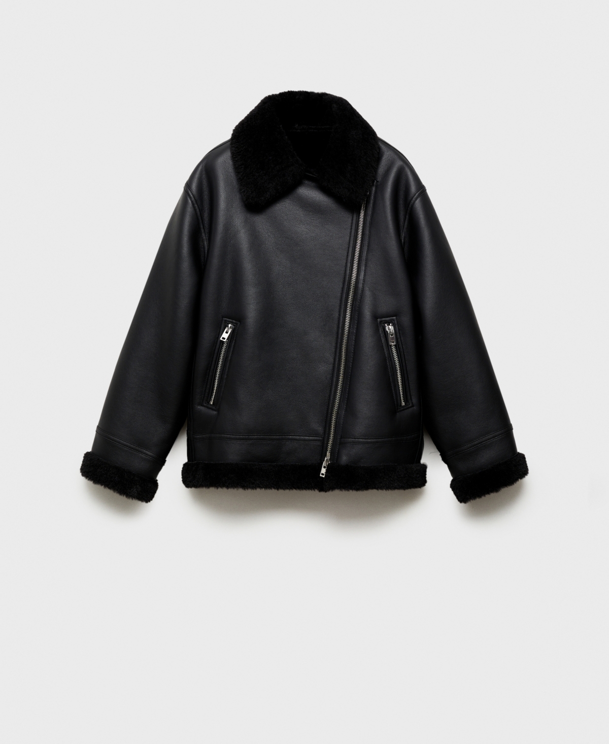 Mango Faux Leather Moto Jacket With Faux Fur Lining In Black