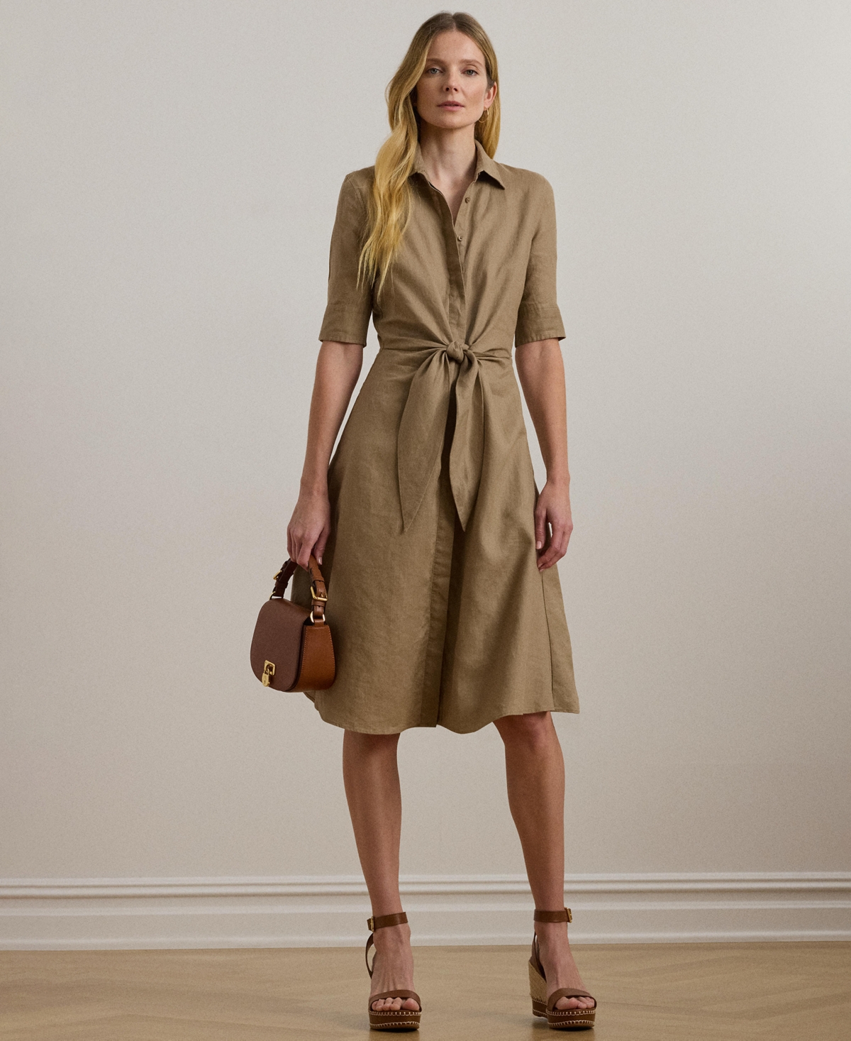 Ralph Lauren Tie-front Linen Shirtdress In Madison Tan