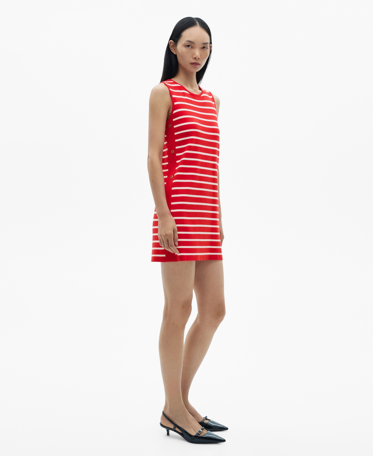 Shop Mango Women's Metallic Buttons Striped Dress In Red