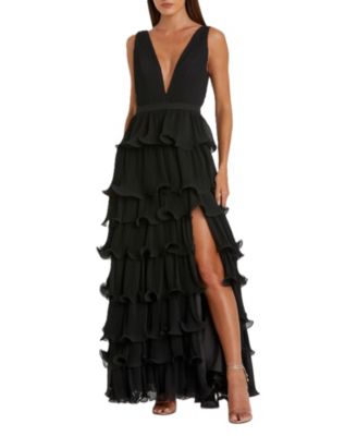 Women's Sleeveless Ruffle Tiered V Neck Gown
