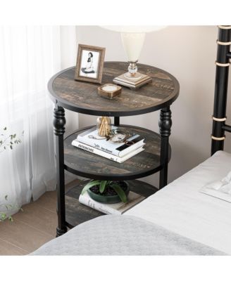 Round End Table, Small Accent Table with 3 Tier Storage Shelves, Farmhouse Wood Side Table, Metal Frame Industrial Night Stand for Living Room, Bedroom, Small Spaces