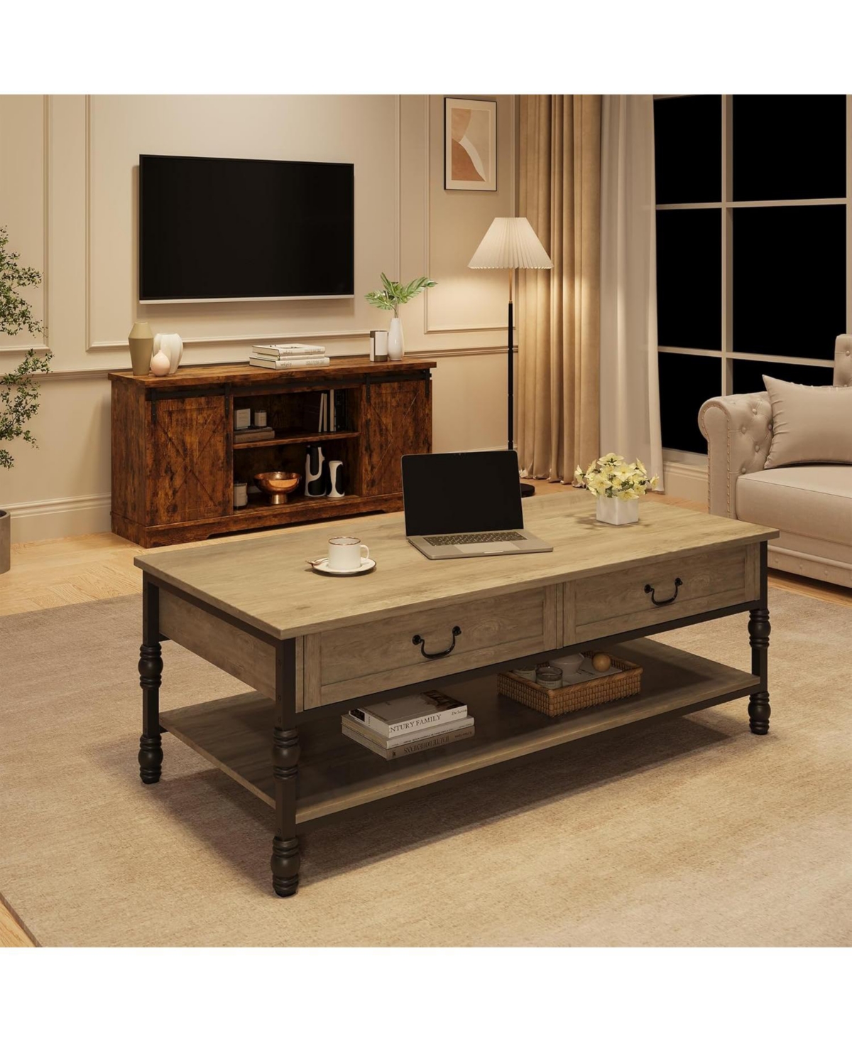 gaomon Coffee Table with Drawers, 41" Large Center Table with Storage Rectangular Cocktail Table, Mid Century Wooden Coffee Tables, Retro Living Room