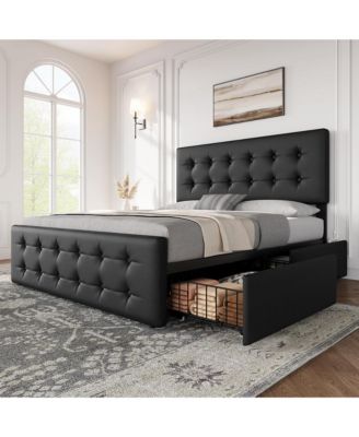 Full Bed Frame with Headboard and 4 Storage Drawers, Platform Bed Frame Square Stitched Button Tufted