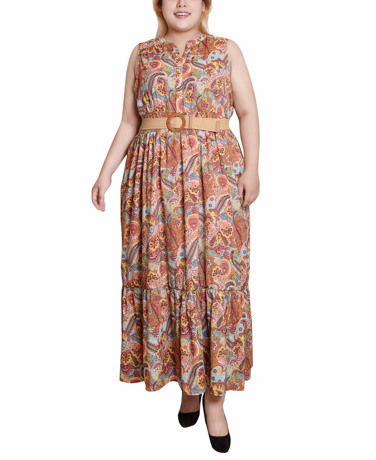 Shop Ny Collection Plus Size Sleeveless Belted Midi Dress In Orange Mint Vines