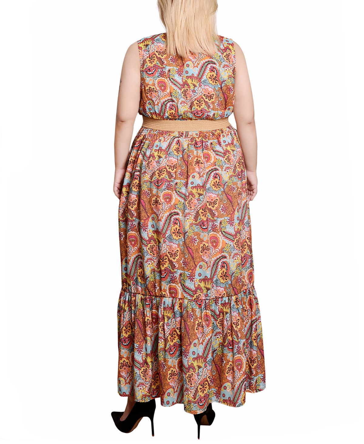 Shop Ny Collection Plus Size Sleeveless Belted Midi Dress In Orange Mint Vines