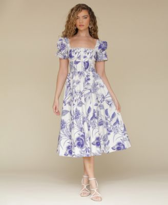 Avec Les Filles - Women's Floral-Print Smocked Puffed-Shoulder Dress